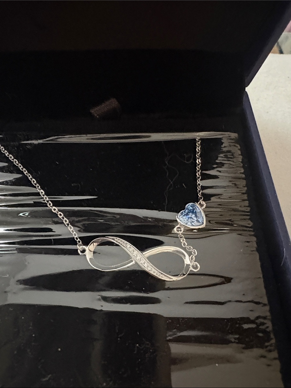 Swarovski Silver Infinity Necklace with Blue Heart Crystal